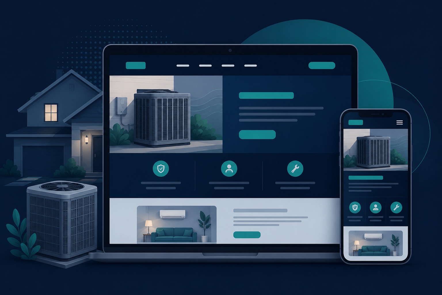 Illustration of an HVAC company website shown on laptop and phone with a home and outdoor unit
