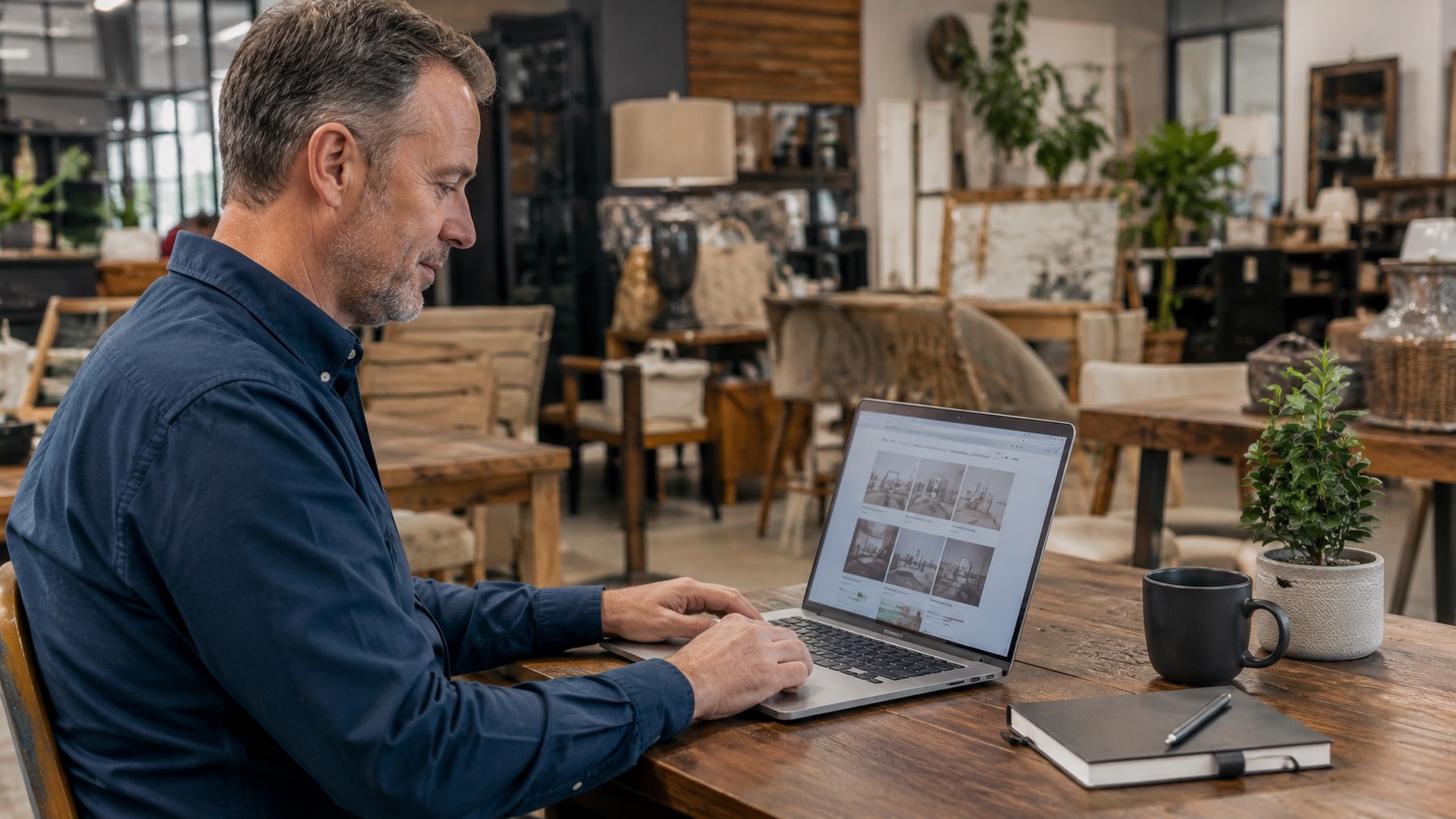 Fort Wayne small business owner reviewing a new website design on a laptop inside their shop