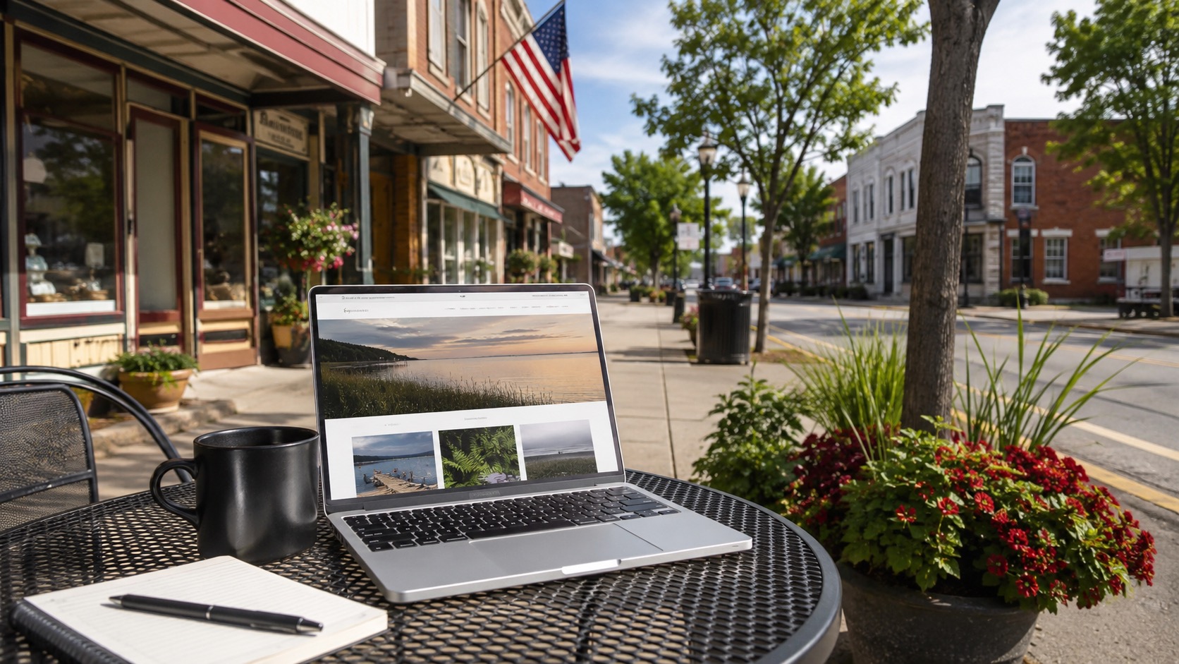 Laptop showing a website mockup on an outdoor table along a small-town Southwest Michigan main street