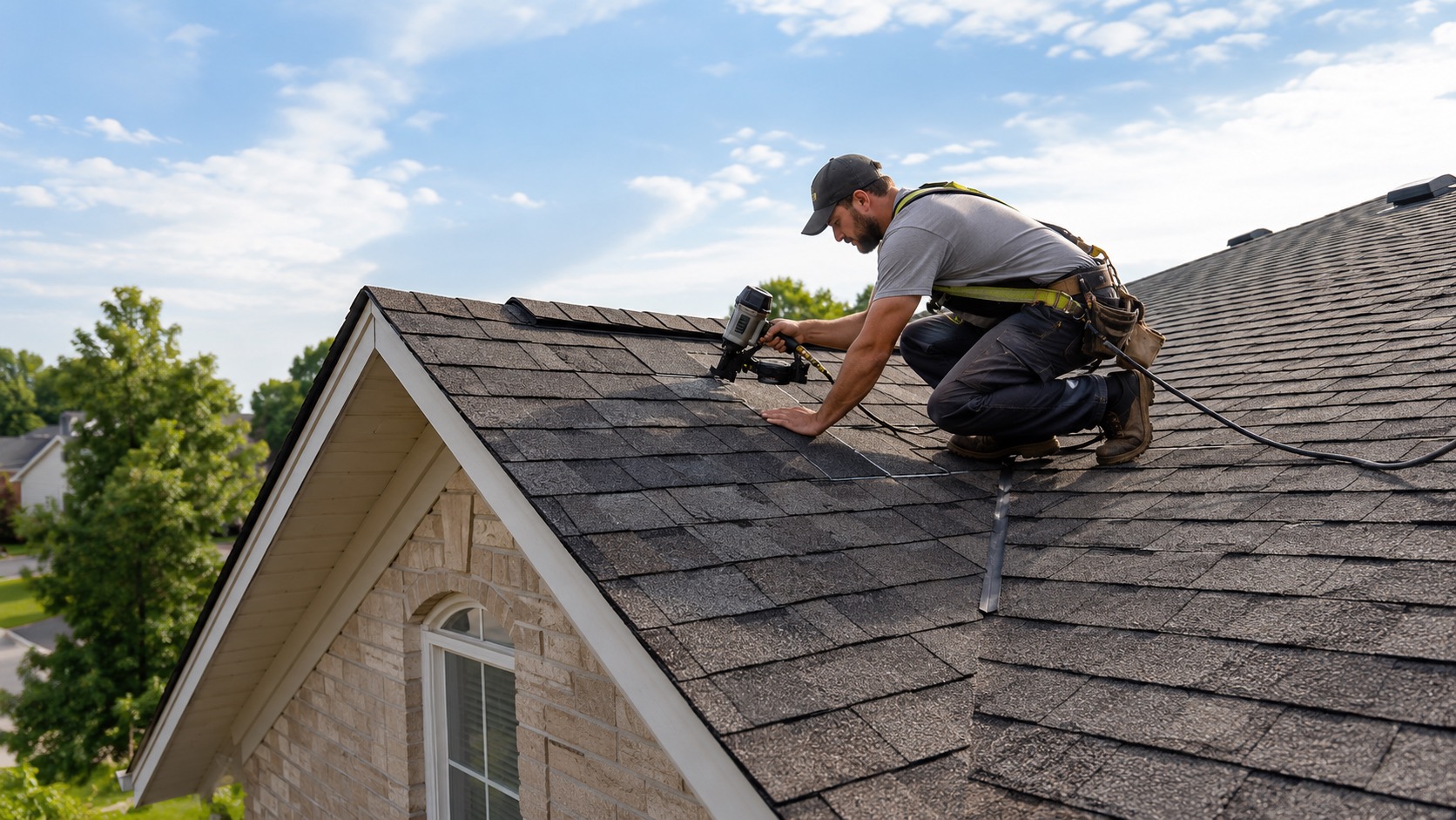 Roofer installing shingles on a residential roof in daylight
