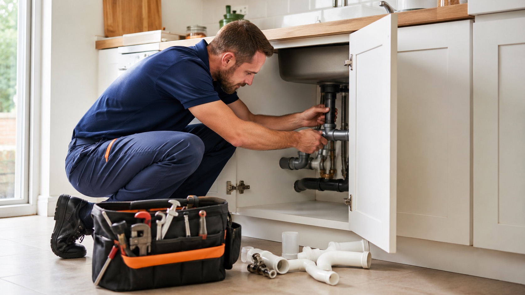 Plumber repairing pipes under a kitchen sink in a residential home