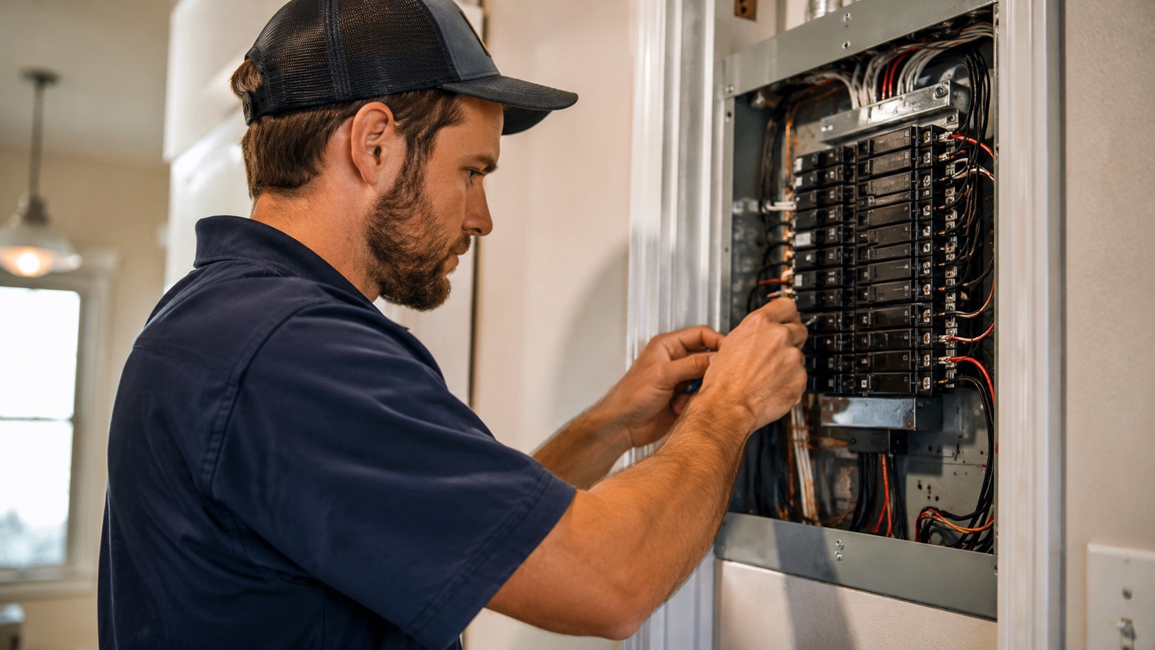 Electrician working on a residential circuit breaker panel