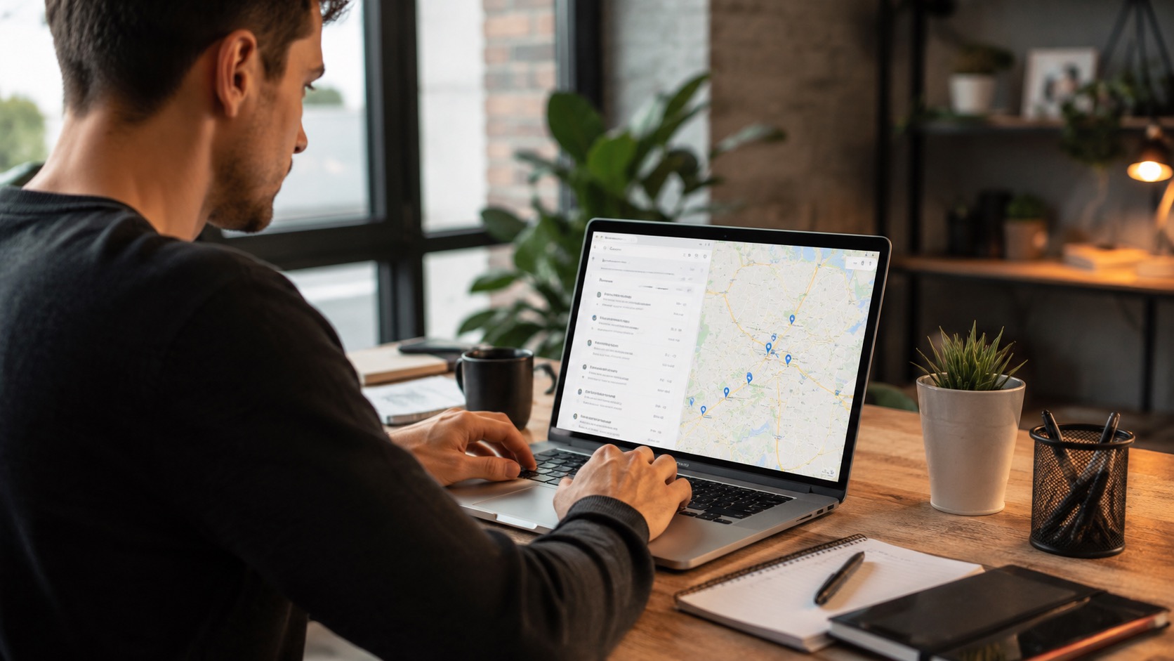 Agency owner reviewing a map of local business leads with no website on a laptop
