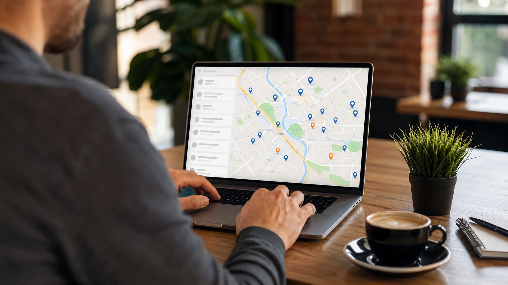 Agency owner at a laptop reviewing a map of scored local business leads