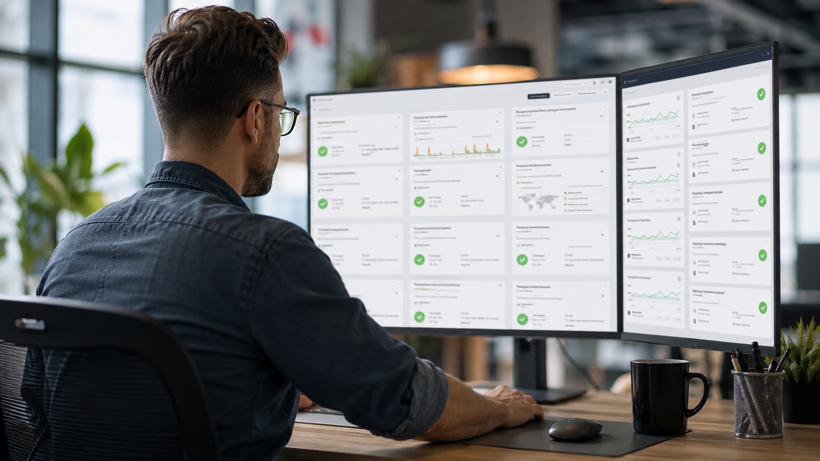 Web agency owner monitoring several client websites and their status on a dashboard from one desk