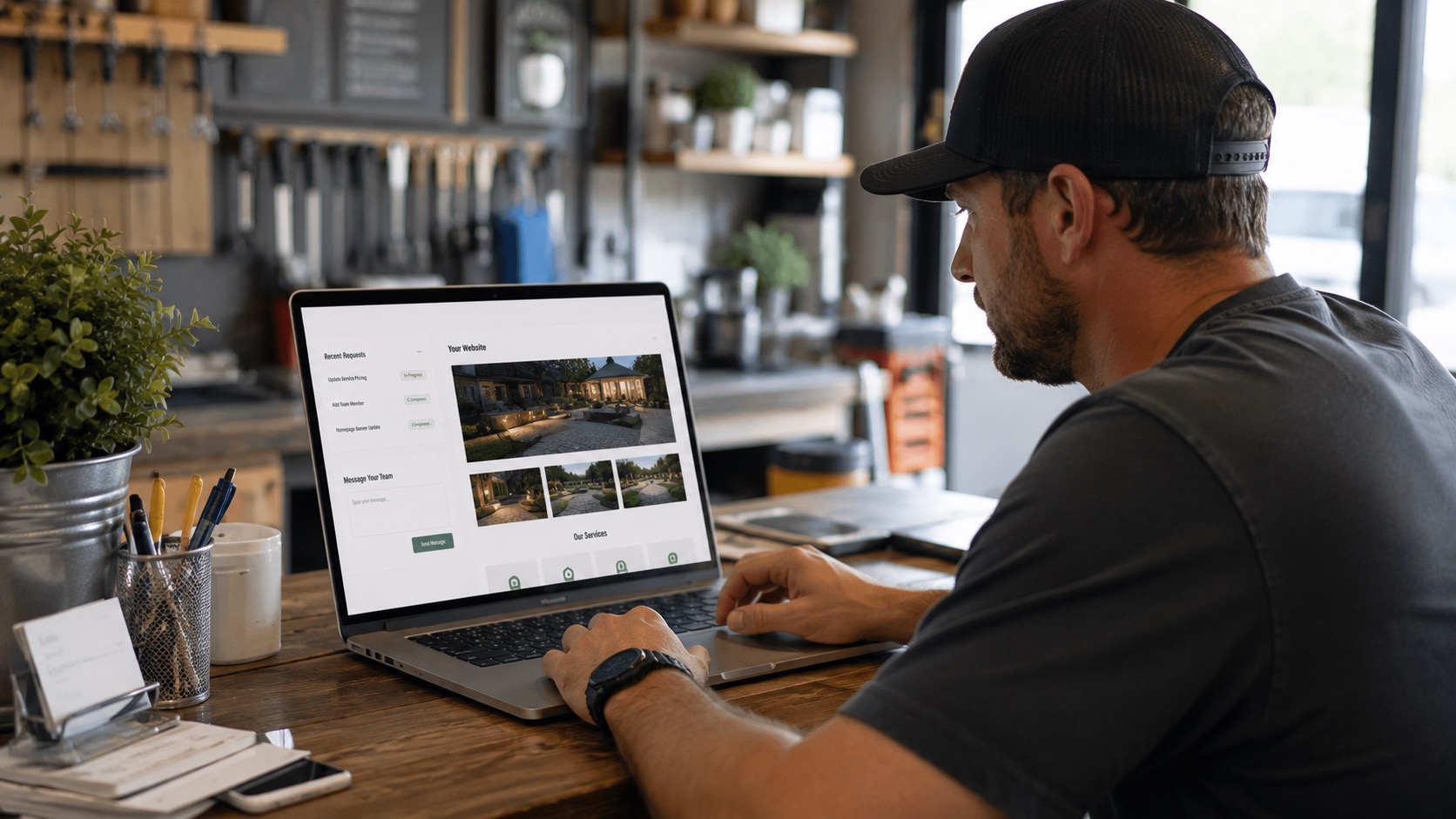 A local business owner sits at a laptop in their shop reviewing their website and requesting an update